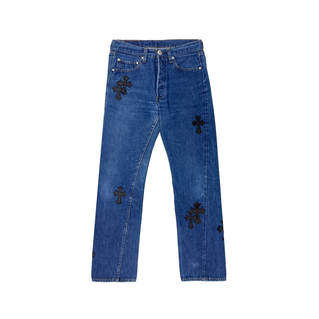 Chrome Hearts Levi's 501 Black Cross Leather Patch Blue Jeans