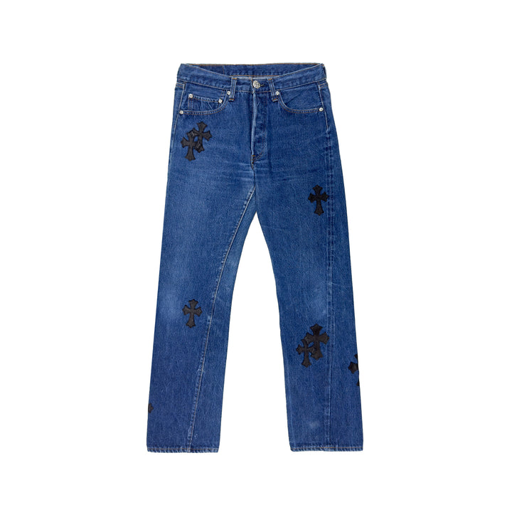 Chrome Hearts Levi's 501 Black Cross Leather Patch Blue Jeans