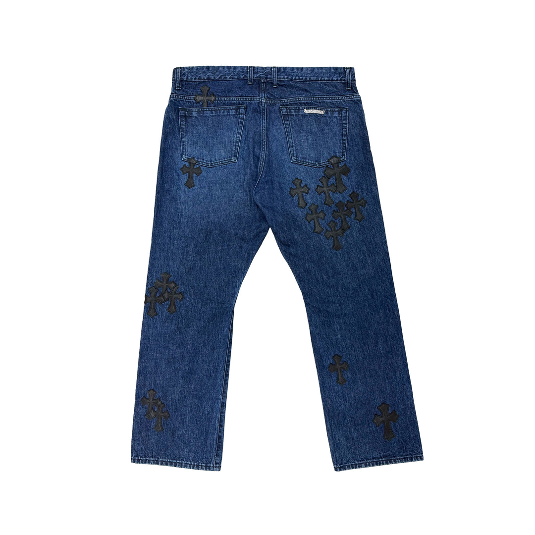 Chrome Hearts Black Cross Leather Patch Flame Knee Jeans