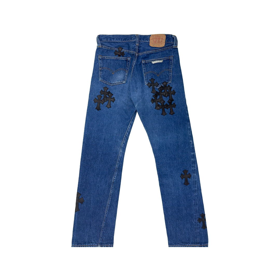 Chrome Hearts Levi's 501 Black Cross Leather Patch Blue Jeans