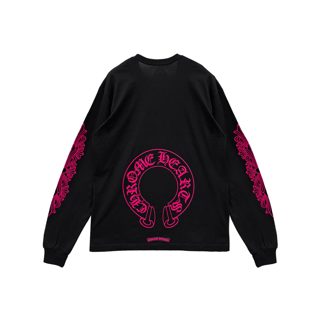 Chrome Hearts Classic Pink Horseshoe Logo Black Long Sleeve T-shirt