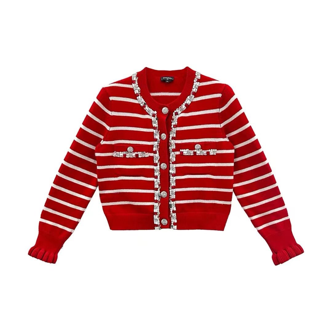 Chanel Rhinestone Buckle Striped Knit Cardigan