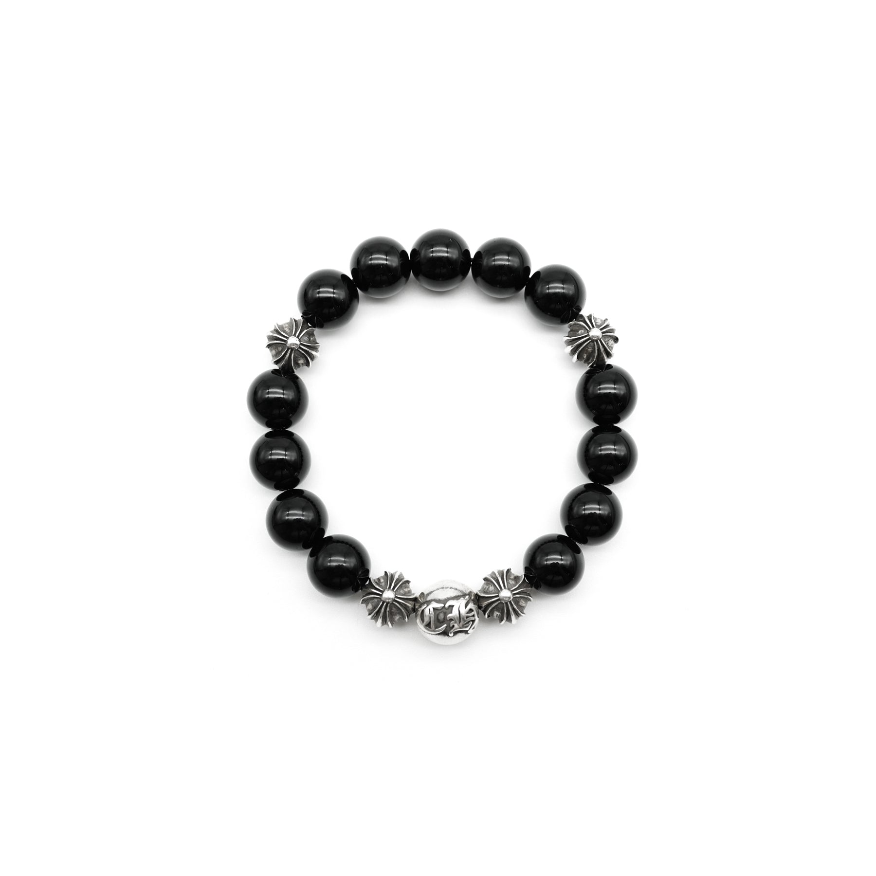 Chrome Hearts 12mm Black 5 Silver Bead Cross Bracelet - SRM