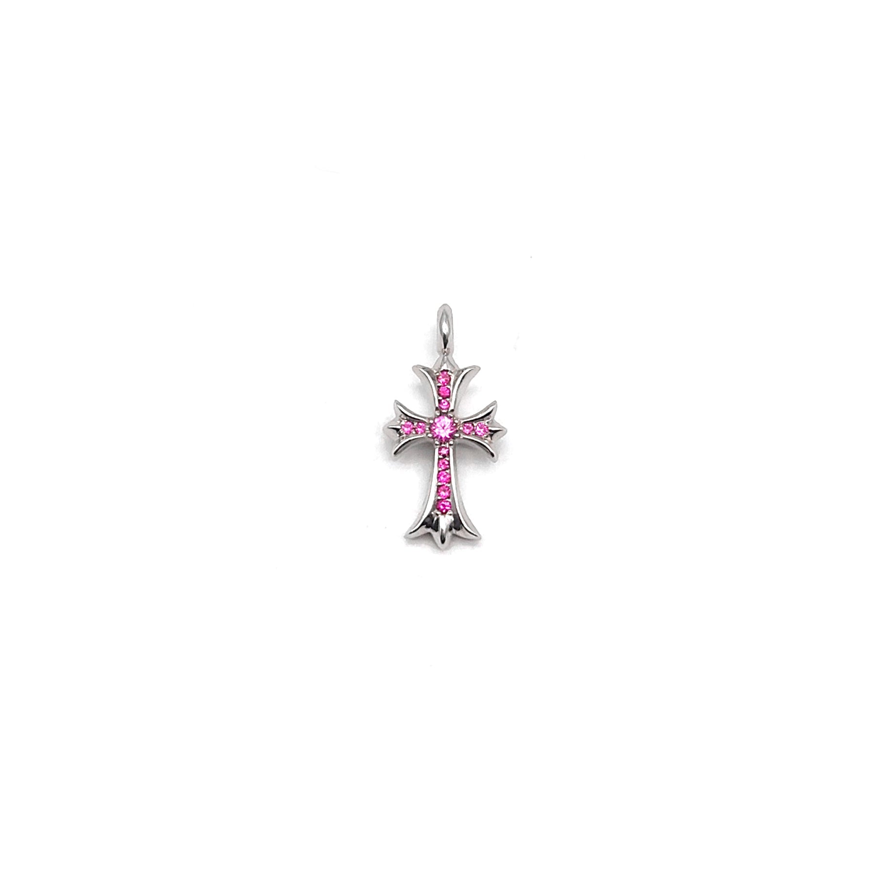 Chrome Hearts 18K White Gold Pink Saph Tiny Cross Charm Pendant