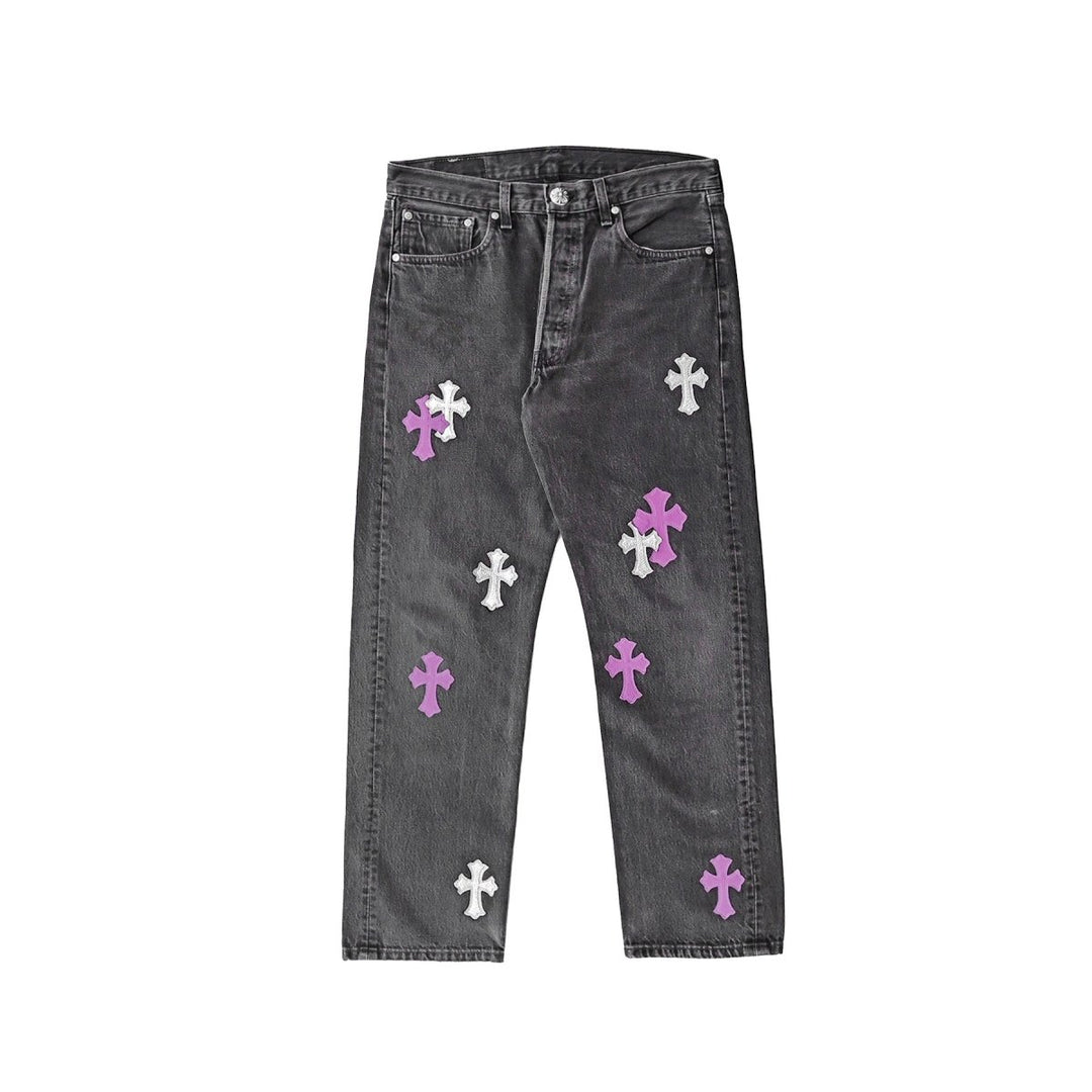 Chrome Hearts 1of1 Silver Sequin Purple Leather Cross Jeans - SHENGLI ROAD MARKET