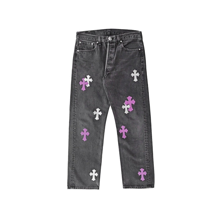 Chrome Hearts 1of1 Silver Sequin Purple Leather Cross Jeans - SHENGLI ROAD MARKET
