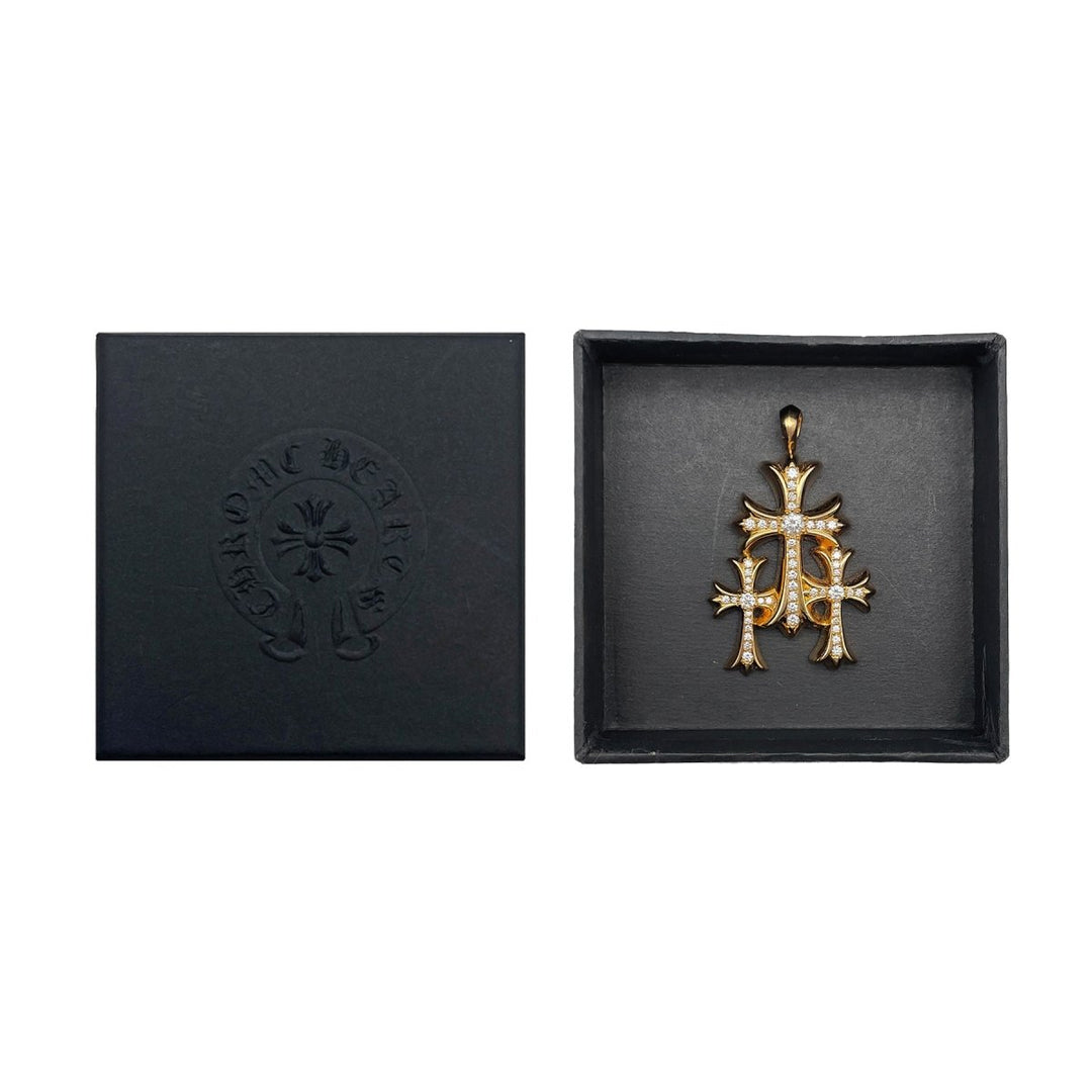Chrome Hearts 22K Gold Triple Cross Diamonds Charm Pendant - SHENGLI ROAD MARKET