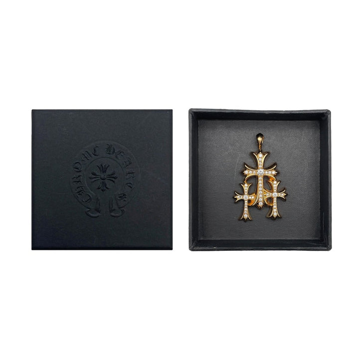 Chrome Hearts 22K Gold Triple Cross Diamonds Charm Pendant - SHENGLI ROAD MARKET