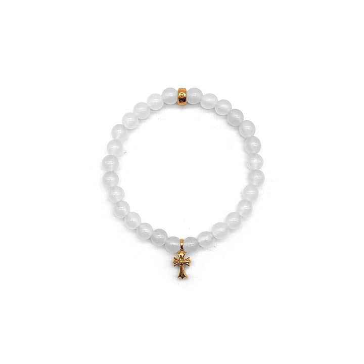 Chrome Hearts 6mm White Agate 22K Gold Cross Charm Pendant Beaded Bracelet - SHENGLI ROAD MARKET
