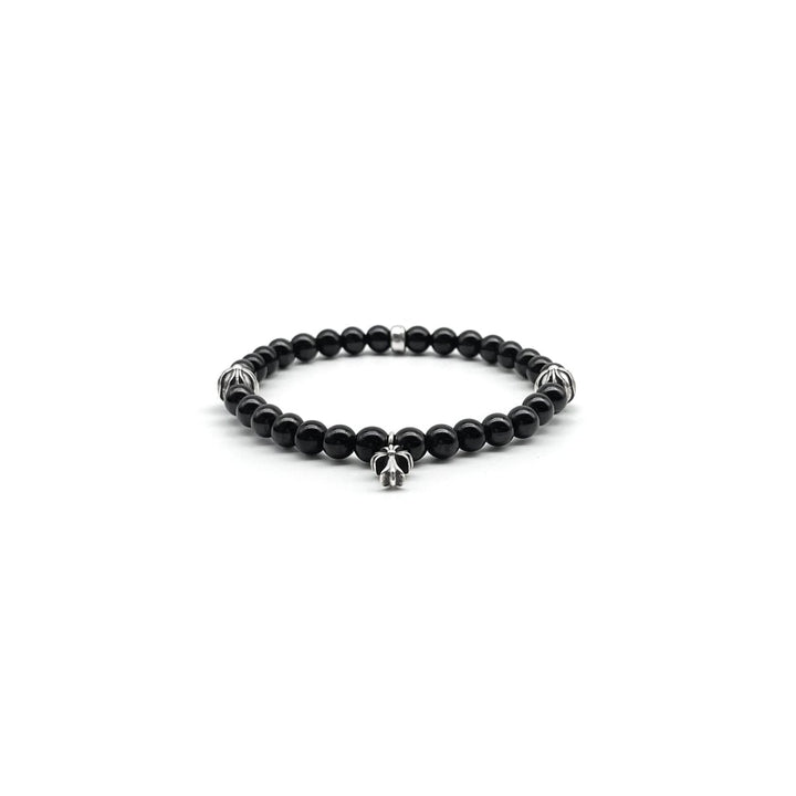 Chrome Hearts 8mm Beaded Obsidian 4 Silver Cross Bracelet - SHENGLI ROAD MARKET