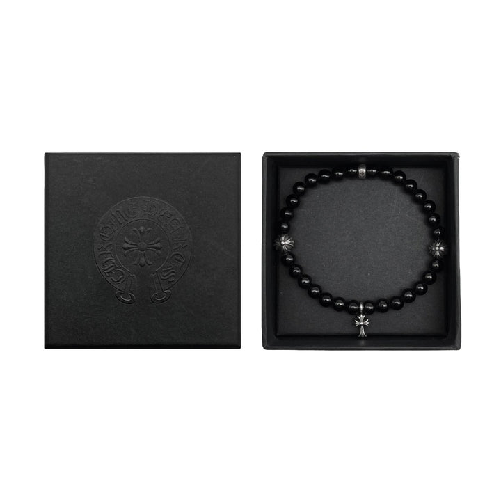 Chrome Hearts 8mm Beaded Obsidian 4 Silver Cross Bracelet - SHENGLI ROAD MARKET