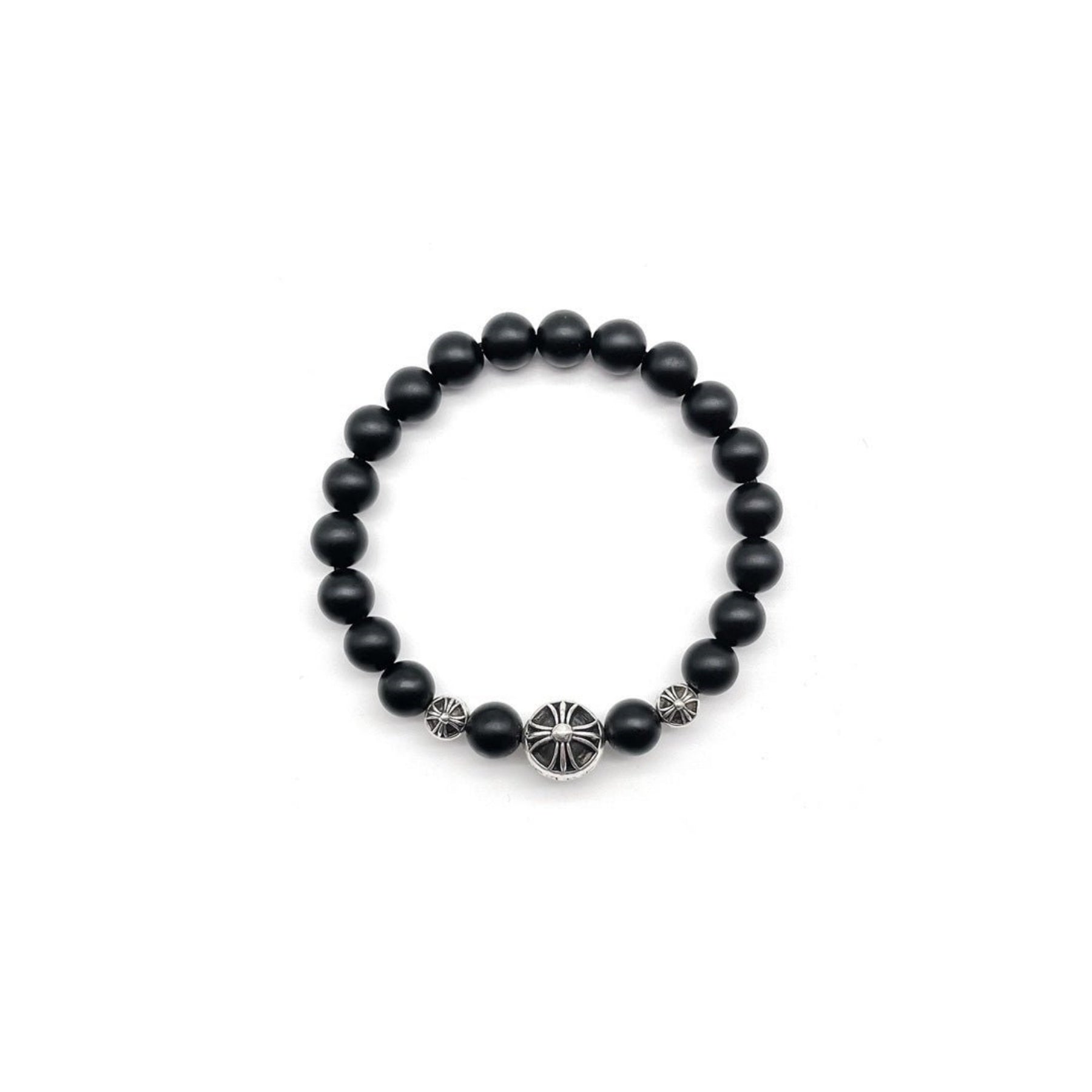 Chrome Hearts Vine Heart 8mm Black Agate 3 Silver Frosted Bracelet