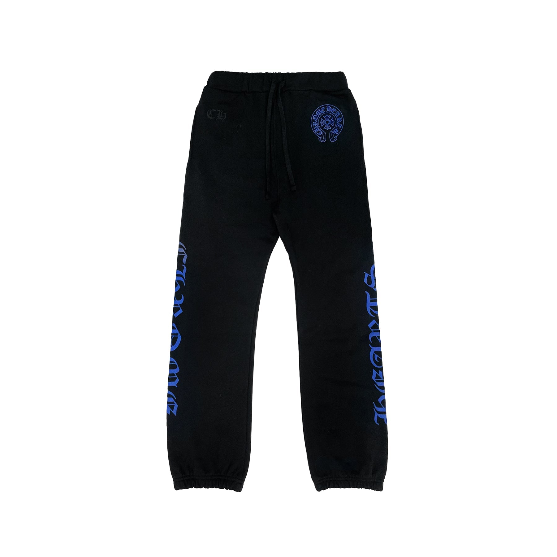CHROME HEARTS クロムハーツ Blue Horseshoe Sweat Pants オンライン限定 ブルーホースシュープリントスウェットパンツ ブラック/ブルー Chrome Hearts Blue Horseshoe Script Black Sweatpants - SRM