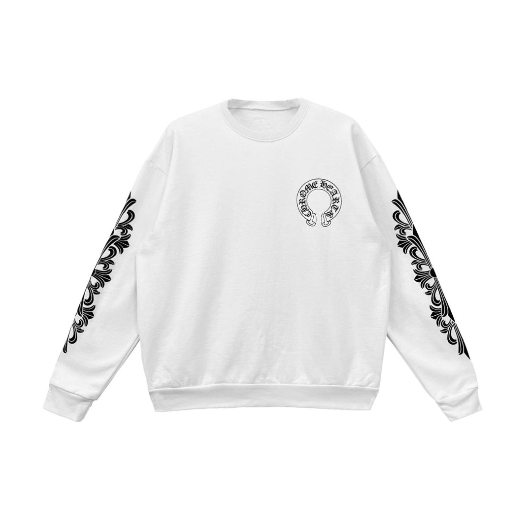 Chrome Hearts Horseshoe Floral Sleeves White Crewneck Sweatshirt - SHENGLI ROAD MARKET