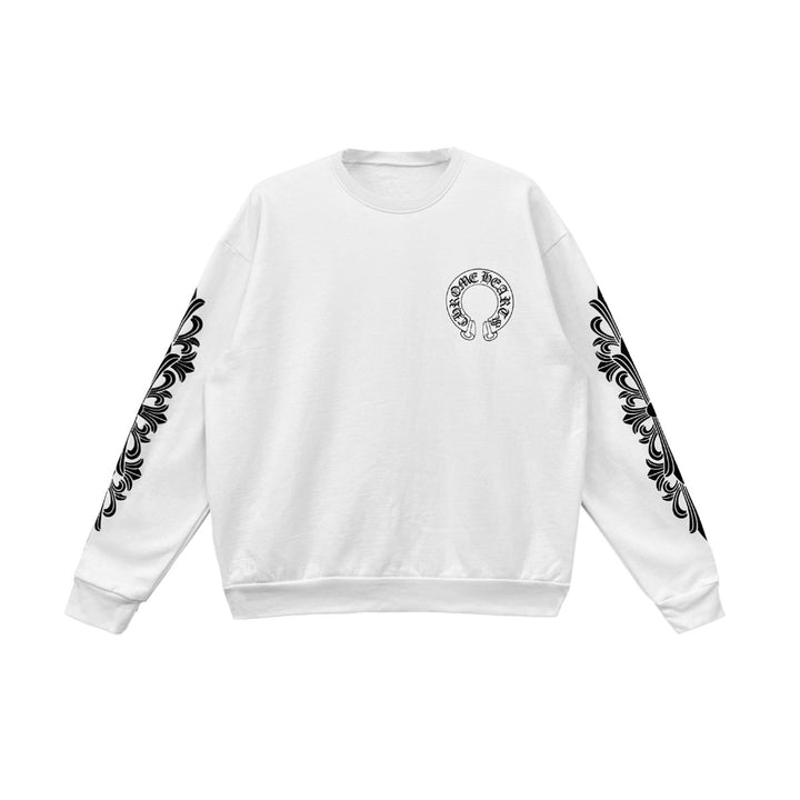 Chrome Hearts Horseshoe Floral Sleeves White Crewneck Sweatshirt - SHENGLI ROAD MARKET