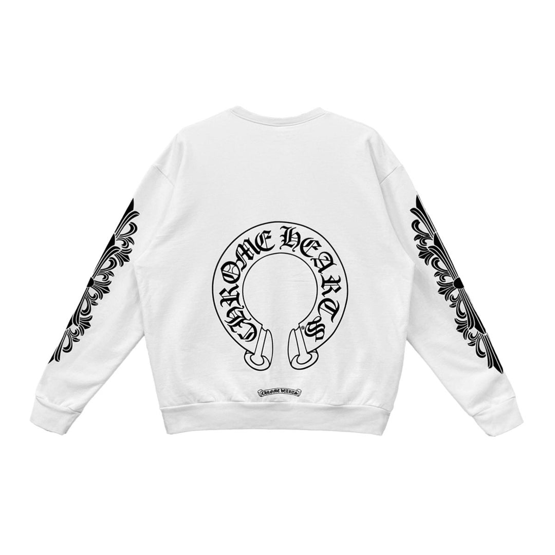 Chrome Hearts Horseshoe Floral Sleeves White Crewneck Sweatshirt - SHENGLI ROAD MARKET