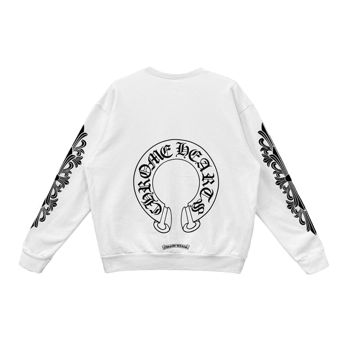 Chrome Hearts Horseshoe Floral Sleeves White Crewneck Sweatshirt - SHENGLI ROAD MARKET