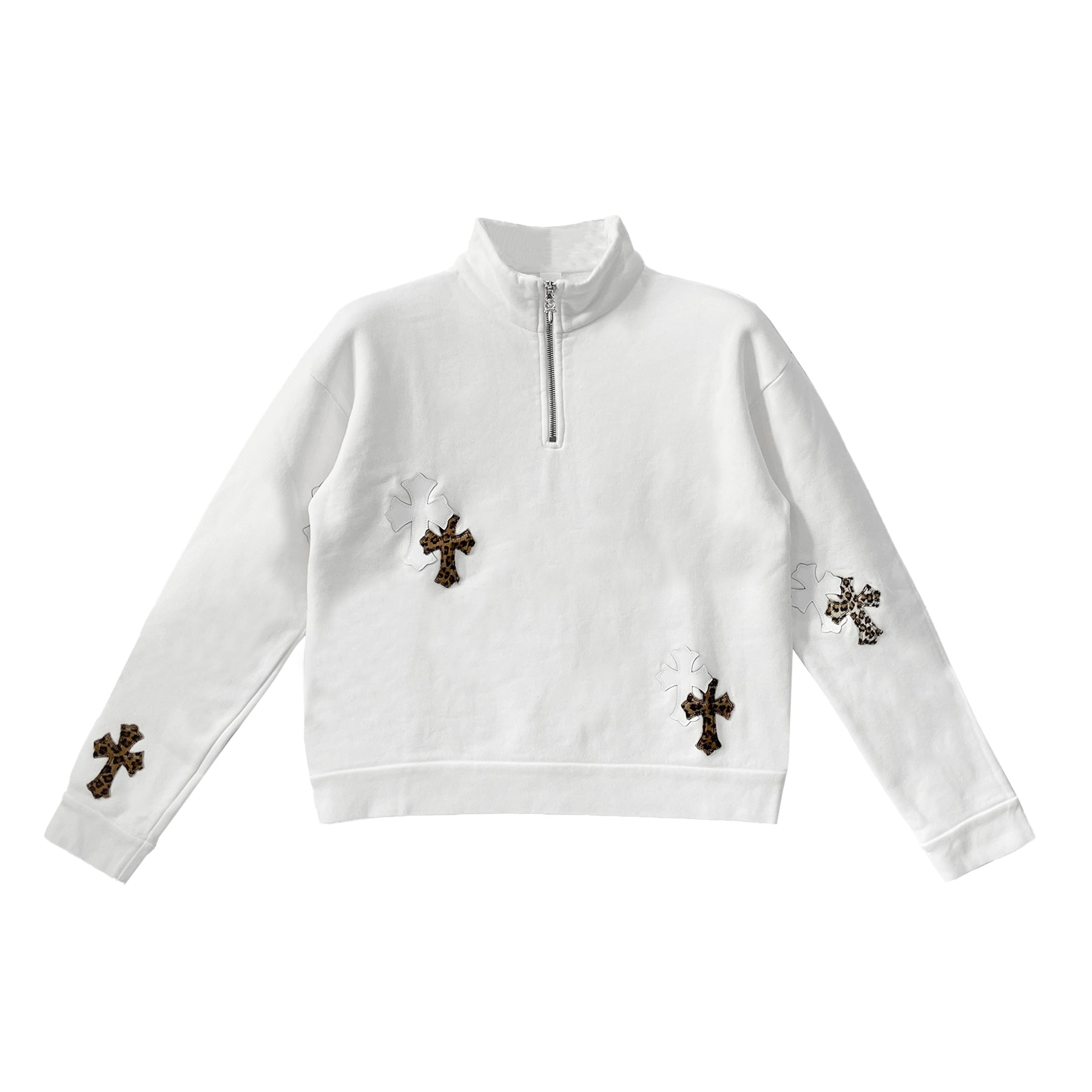 Chrome Hearts Leopard Cross Patch Half Zip White Sweatshirt - SRM