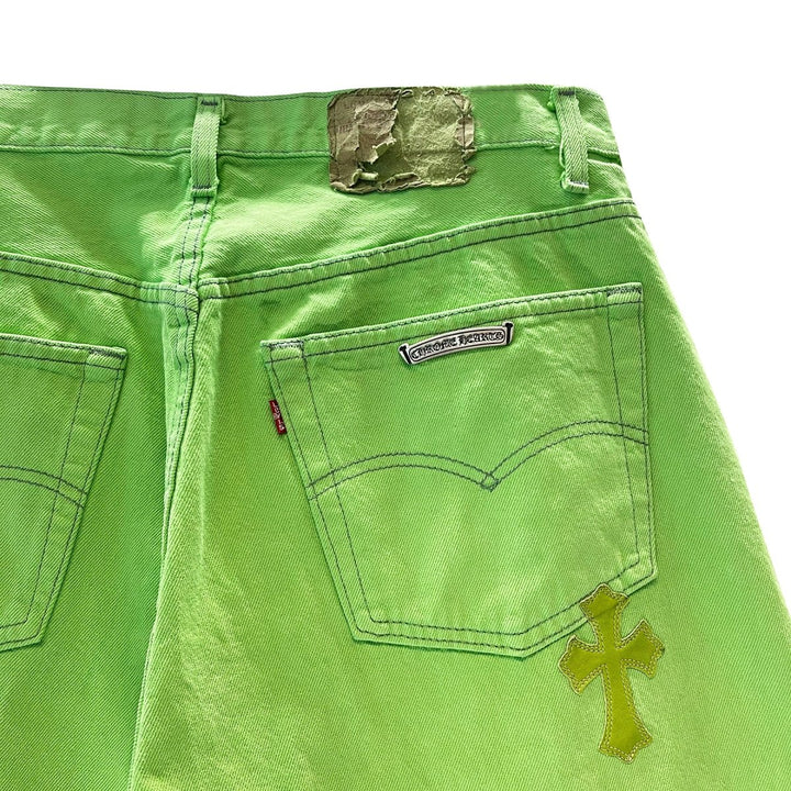 Chrome Hearts Levi's 501 Sex Record Exclusive Edition Cross Patch Green Denim Jeans - SHENGLI ROAD MARKET
