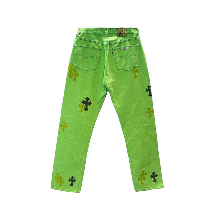 Chrome Hearts Levi's 501 Sex Record Exclusive Edition Cross Patch Green Denim Jeans - SHENGLI ROAD MARKET