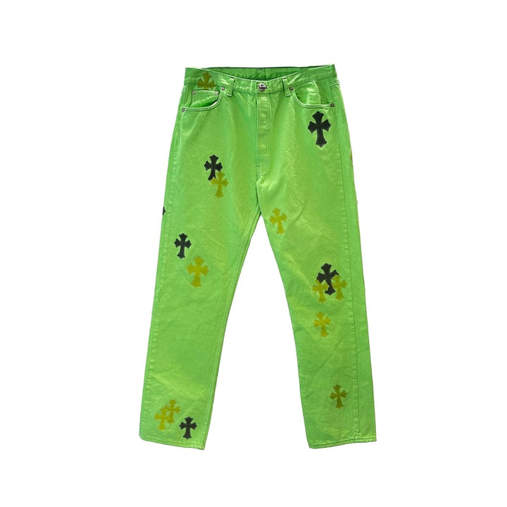 Chrome Hearts Levi's 501 Sex Record Exclusive Edition Cross Patch Green Denim Jeans - SHENGLI ROAD MARKET