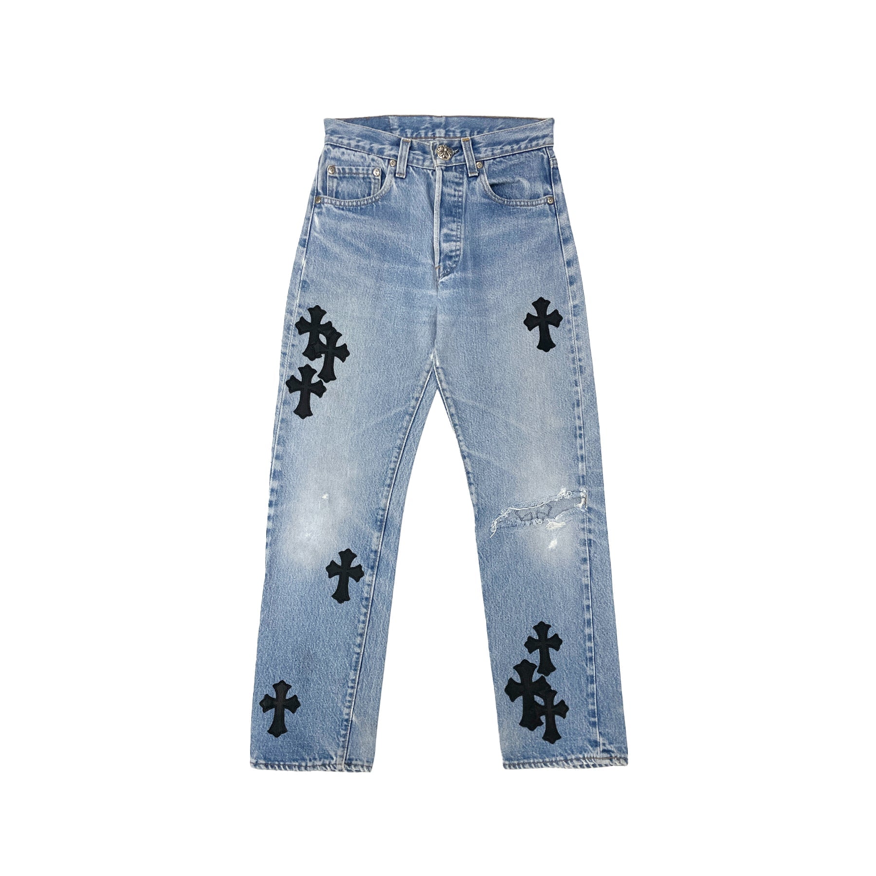 Chrome Hearts Levi's 501 Washed Blue Black Cross Patch Jeans - SRM