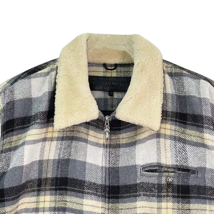 Chrome Hearts Plaid Flannel Fur Collar Zip Up Jacket - SHENGLI ROAD MARKET