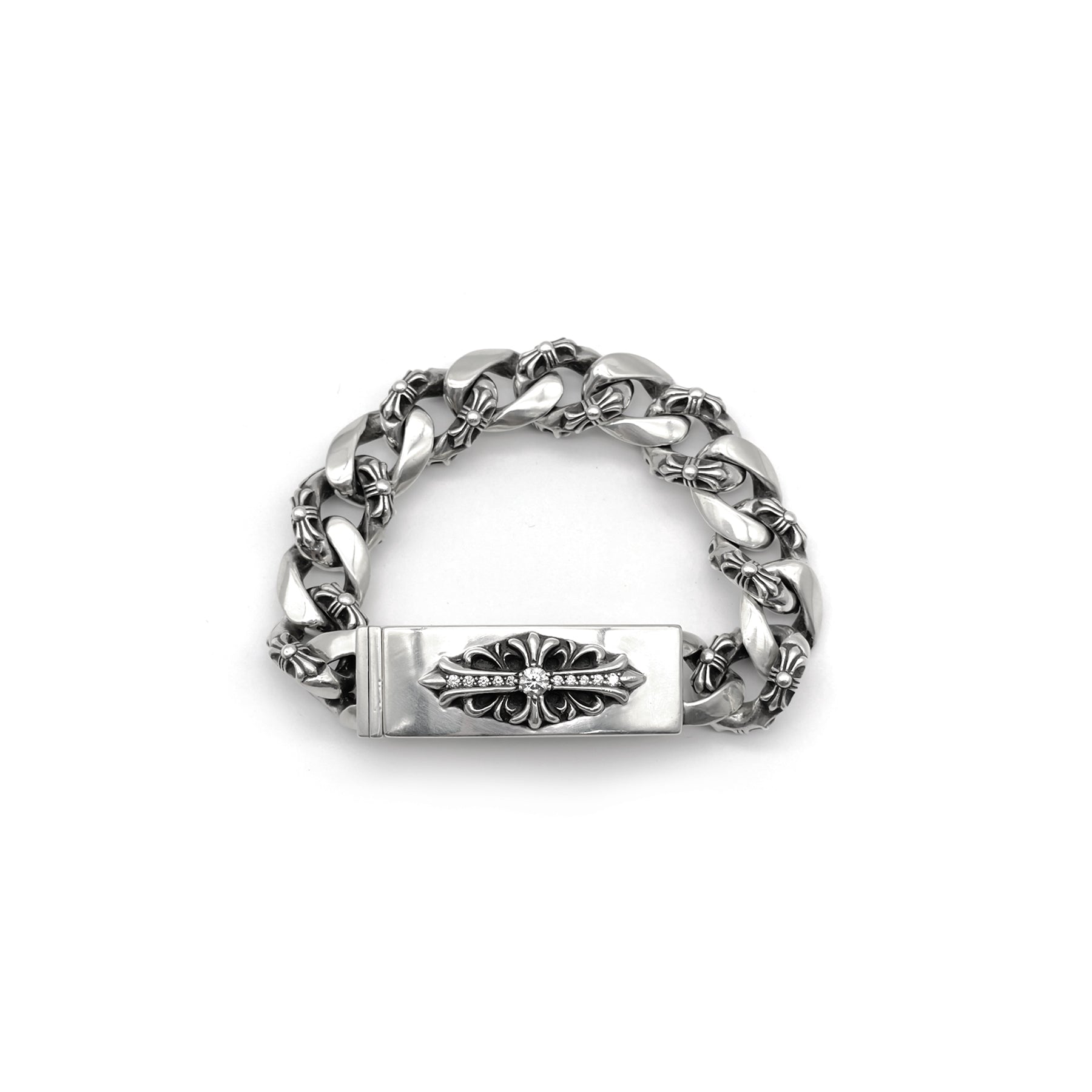 Chrome Hearts Silver Diamond ID Cross Fancy Link Cuban Bracelet