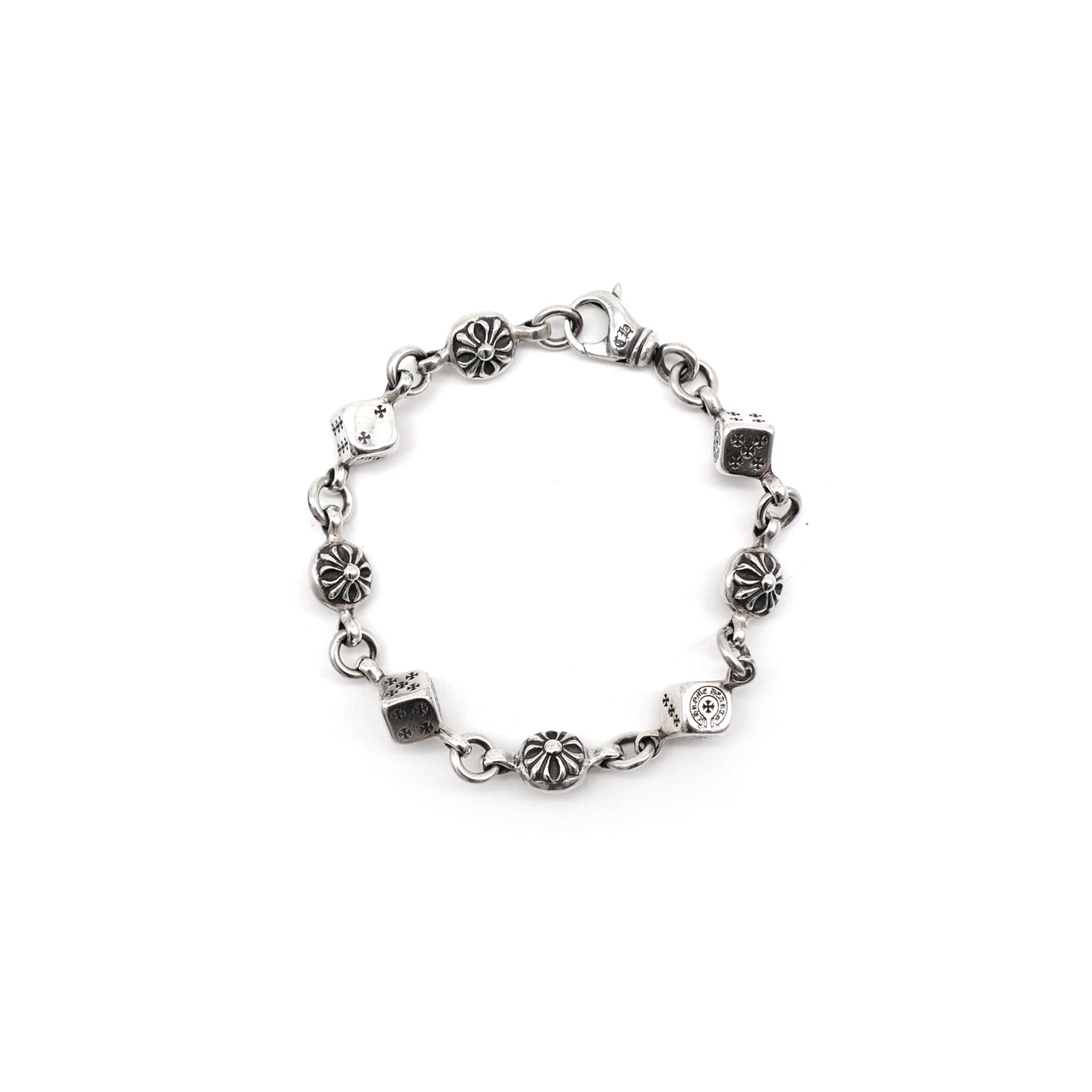 Chrome Hearts 925 Silver Dice Cross Ball Lobster Clasp Bracelet
