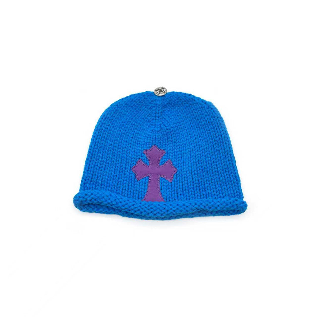 Chrome Hearts Cashmere Purple Cross Leather Patch Blue Beanie