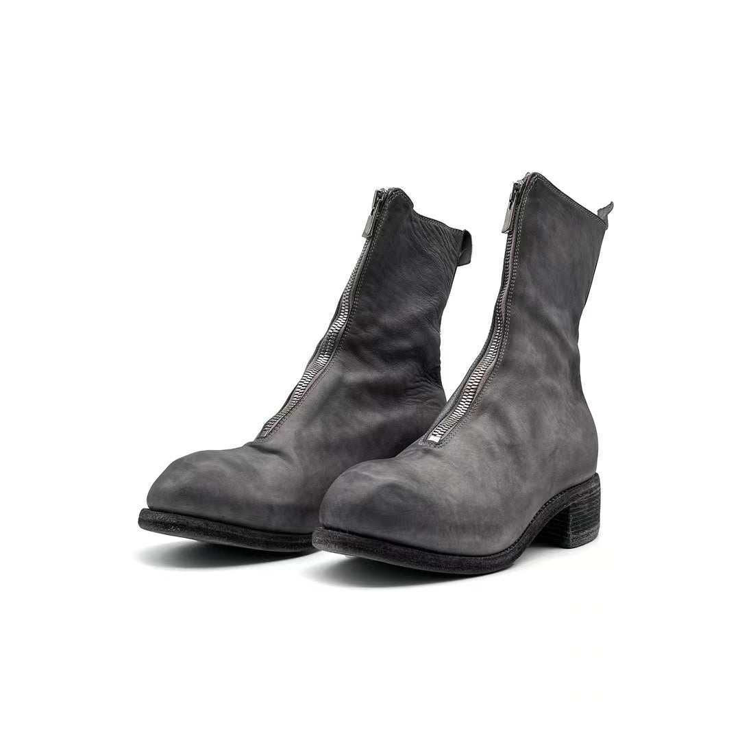 GUIDI PL2 グレー ホース フルグレイン フロント ジップ レザー ブーツ