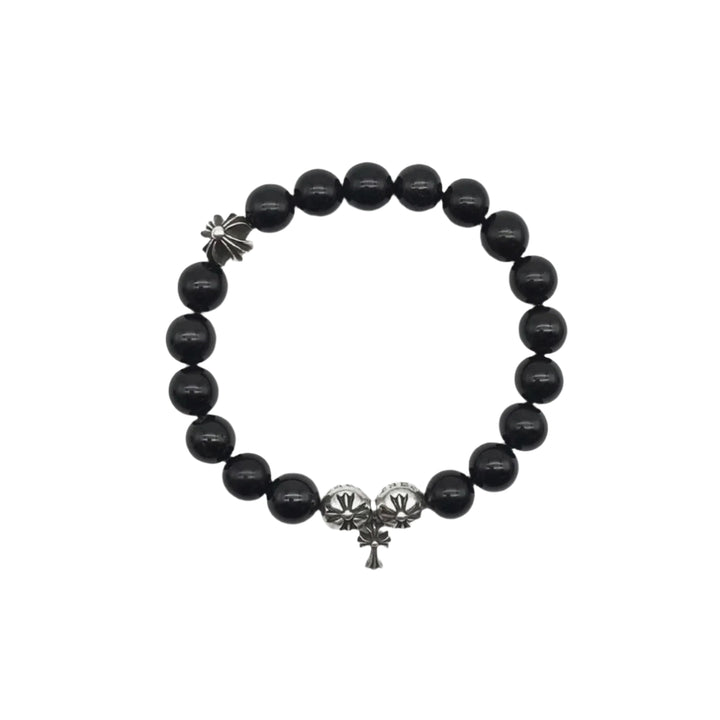 Chrome Hearts 10mm Obsidian Silver Cross Bracelet - SHENGLI ROAD MARKET