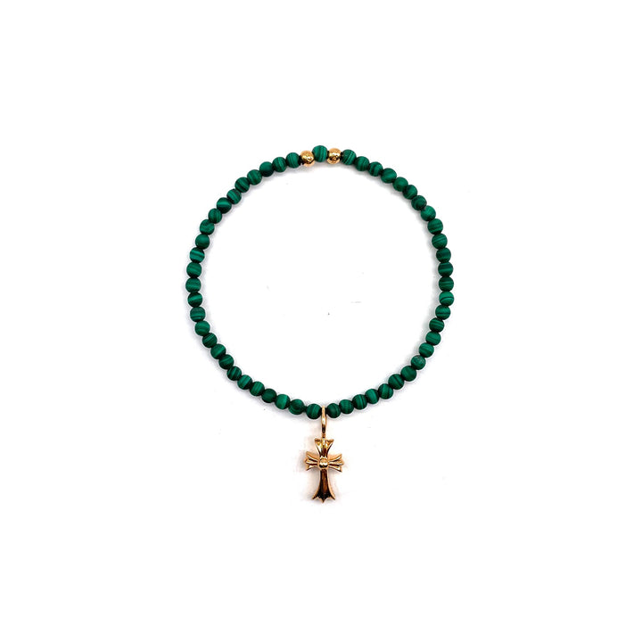 Chrome Hearts 4mm Green Beaded 22K Gold Cross Pendant Bracelet - SHENGLI ROAD MARKET