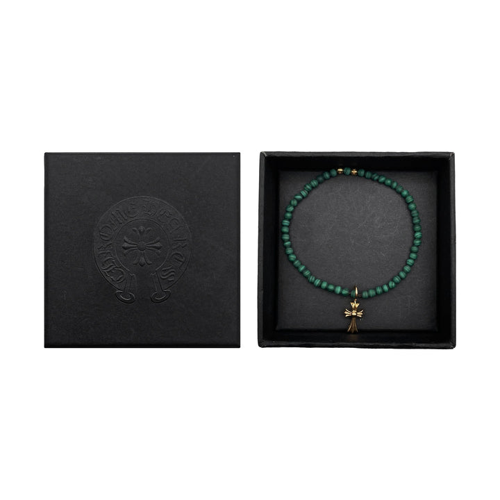 Chrome Hearts 4mm Green Beaded 22K Gold Cross Pendant Bracelet - SHENGLI ROAD MARKET