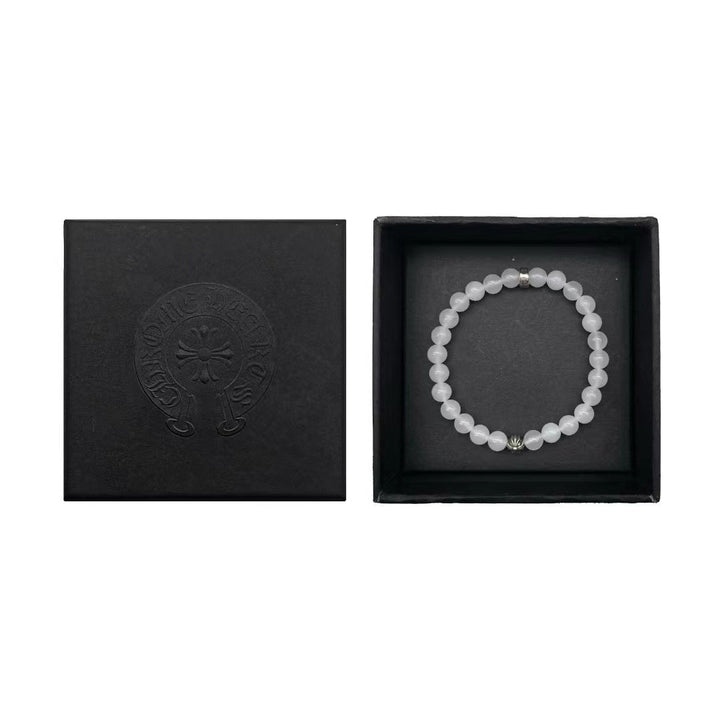 Chrome Hearts 6mm Beaded White Agate Silver Cross Bracelet - SHENGLI ROAD MARKET