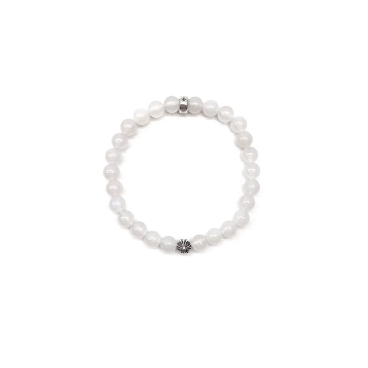 Chrome Hearts 6mm Beaded White Agate Silver Cross Bracelet - SHENGLI ROAD MARKET