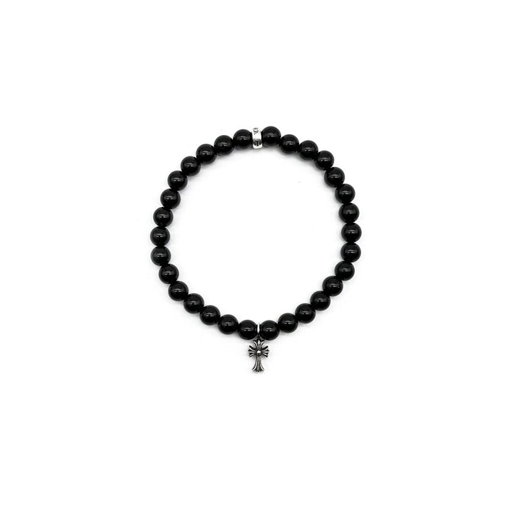 Chrome Hearts 6mm Black Beaded Obsidian Silver Cross Bracelet - SHENGLI ROAD MARKET
