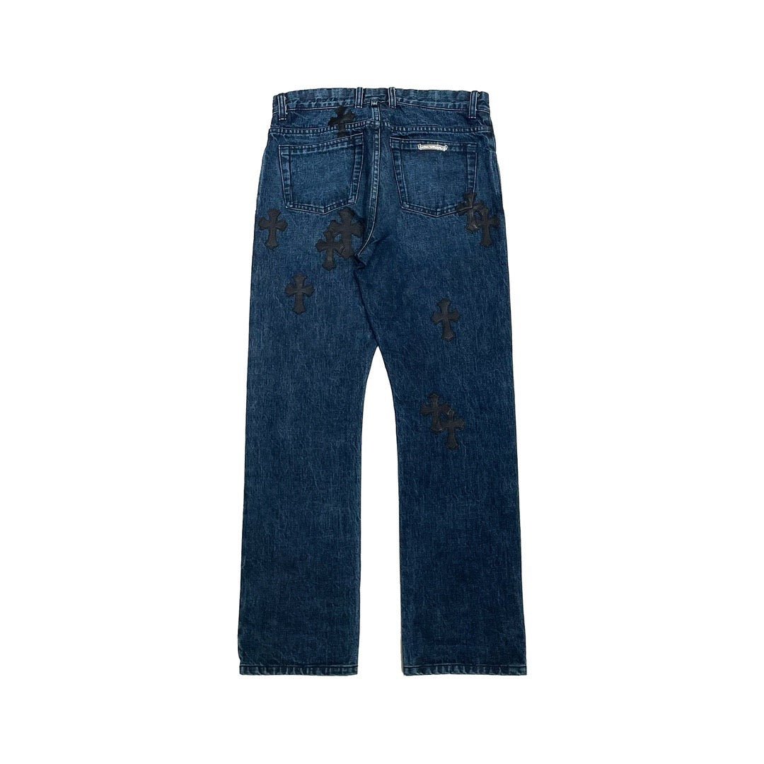Chrome Hearts Black Leather Cross Patch Jeans - SHENGLI ROAD MARKET
