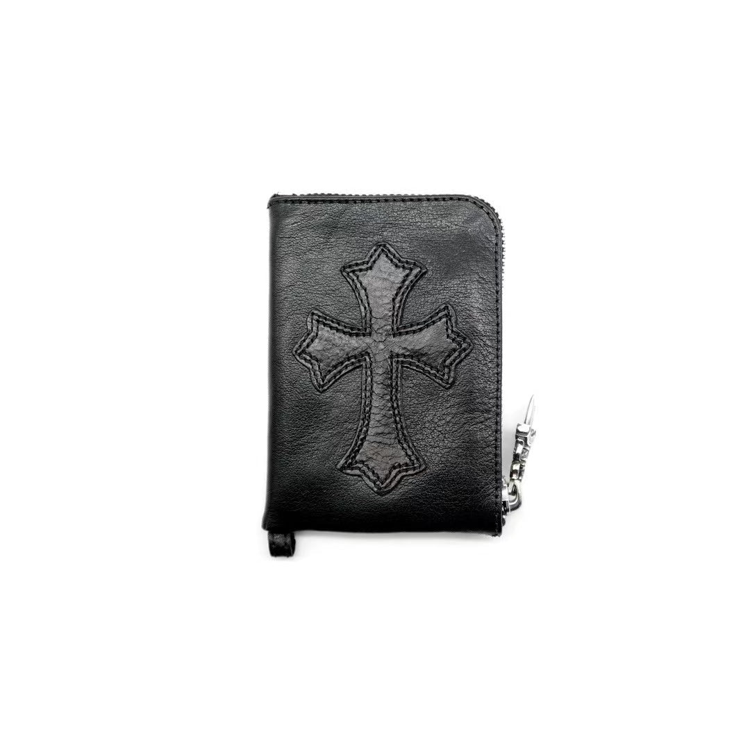 Chrome Hearts Black Leather Cross Patch Silver Scroll Zipper Wallet