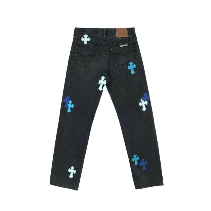 Chrome Hearts London Exclusive Jeans with Blue Leather Cross Patch - SHENGLI ROAD MARKET