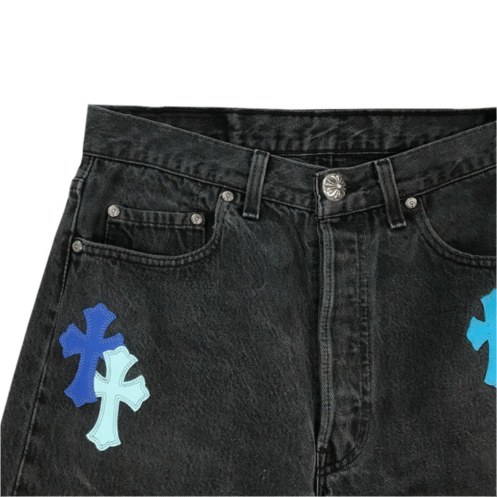 Chrome Hearts London Exclusive Jeans with Blue Leather Cross Patch - SHENGLI ROAD MARKET