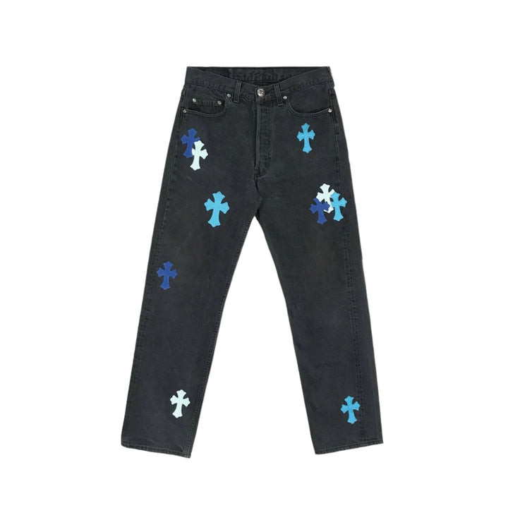 Chrome Hearts London Exclusive Jeans with Blue Leather Cross Patch - SHENGLI ROAD MARKET