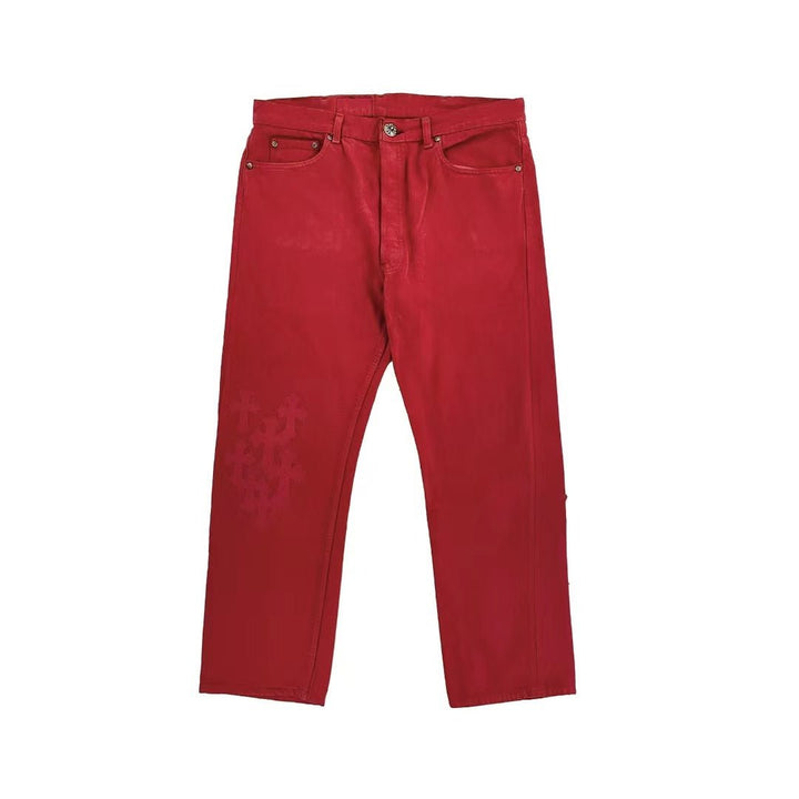 Chrome Hearts NY Limited Silver Button Red Cross Leather Patch Jeans - SHENGLI ROAD MARKET