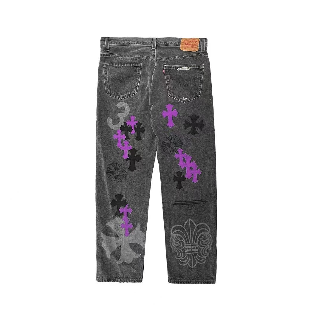 Chrome Hearts Online Exclusive Wash Gray Spray Purple Cross Jeans - SHENGLI ROAD MARKET
