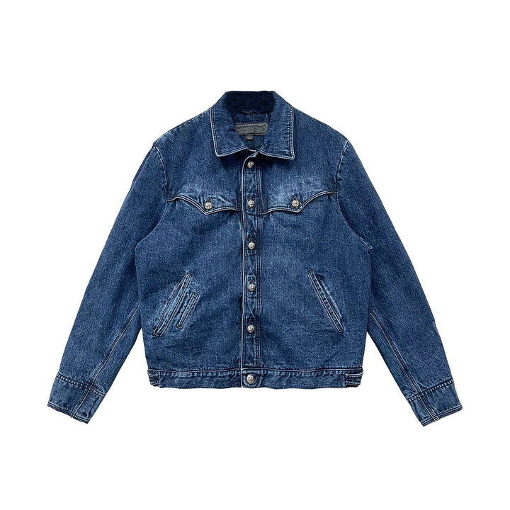 Chrome Hearts Red Floral Cross Leather Patch Denim Jacket - SHENGLI ROAD MARKET