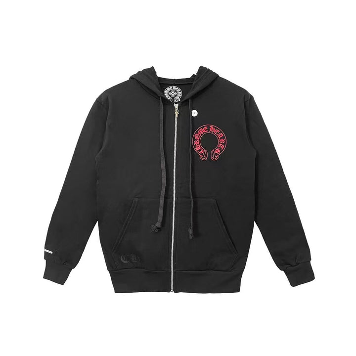 Chrome Hearts Red Horseshoe Logo Zip Up Hoodie - SHENGLI ROAD MARKET