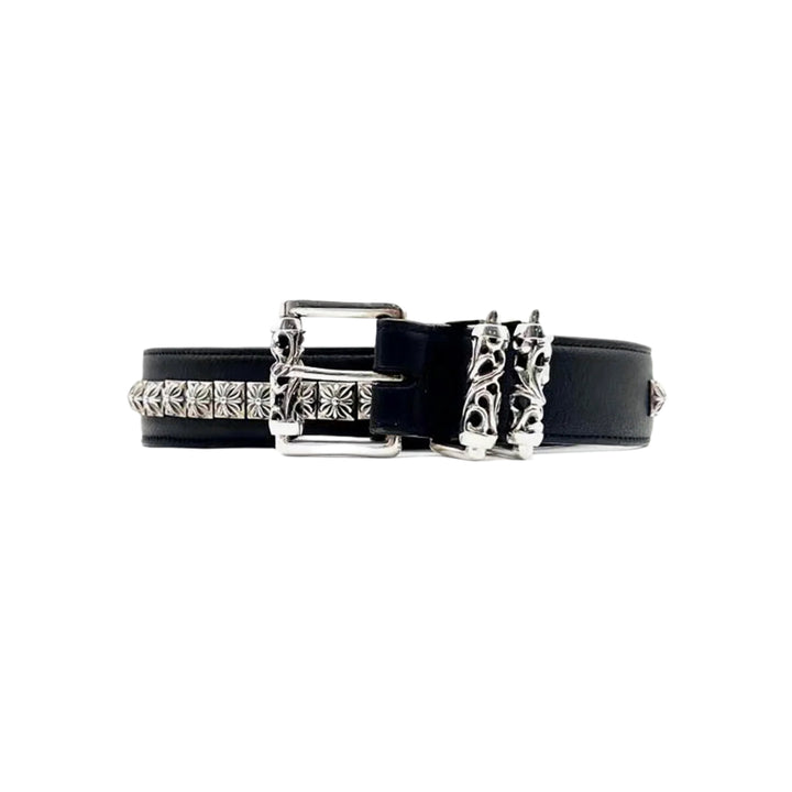 Chrome Hearts Silver Square Cross Black Leather Roller Belt - SHENGLI ROAD MARKET