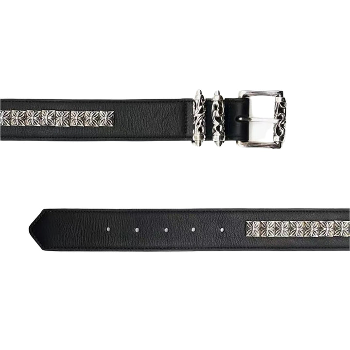 Chrome Hearts Silver Square Cross Black Leather Roller Belt - SHENGLI ROAD MARKET