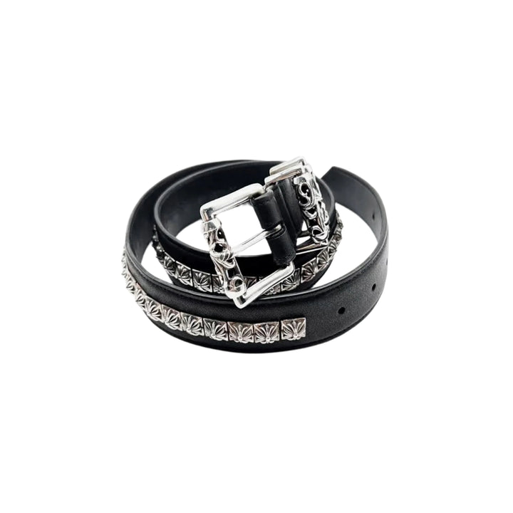 Chrome Hearts Silver Square Cross Black Leather Roller Belt - SHENGLI ROAD MARKET
