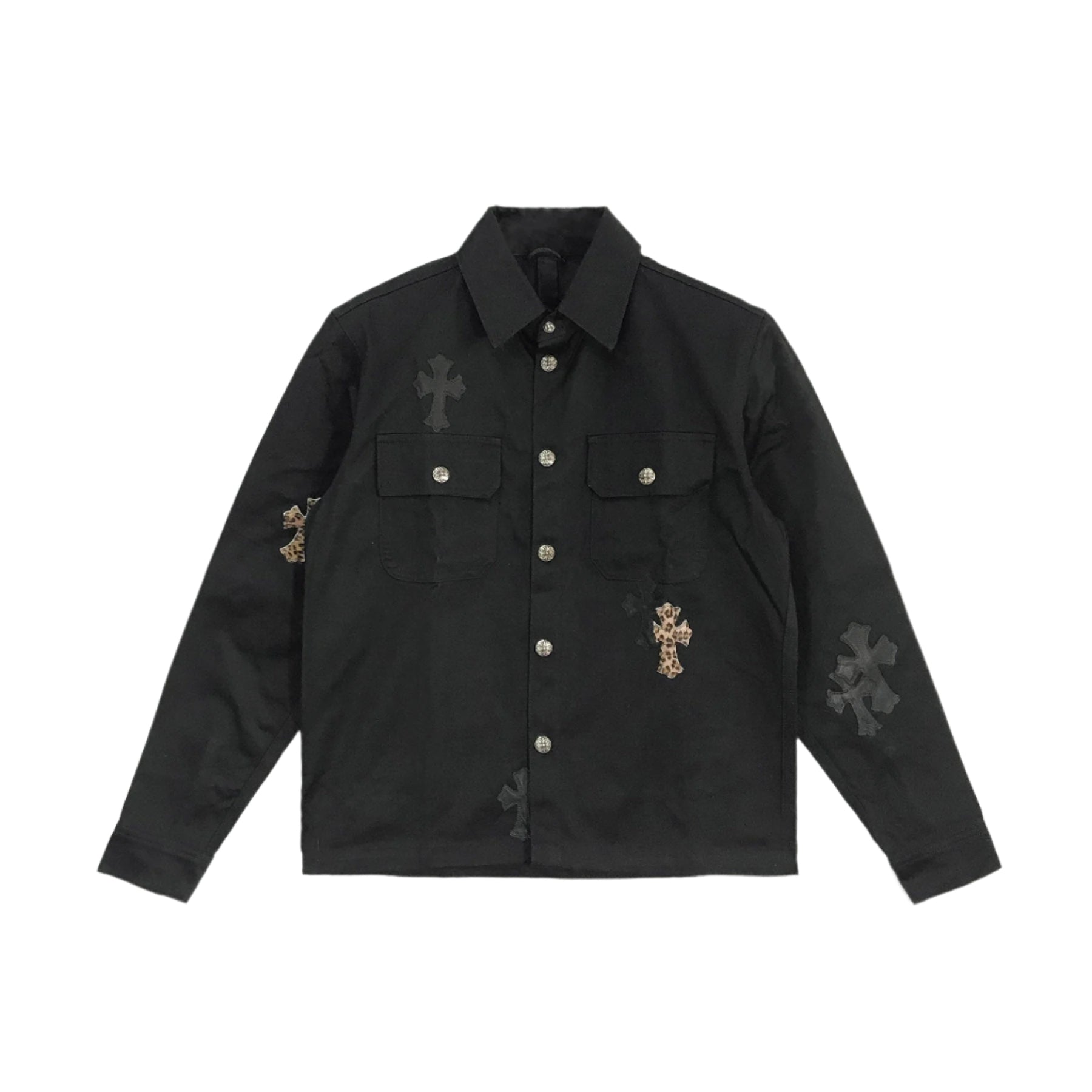 Chrome Hearts Work Dog Leopard Pattern Leather Cross Patch Shirt Jacket  with Silver Buttons